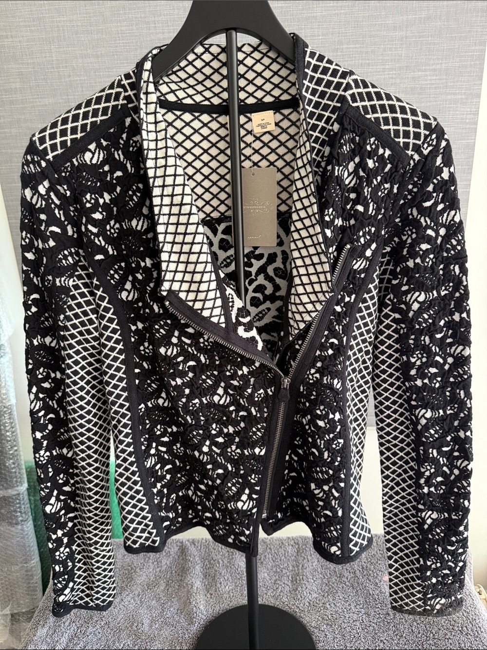 Moth Black & White Lace-Overlay Zip Blazer